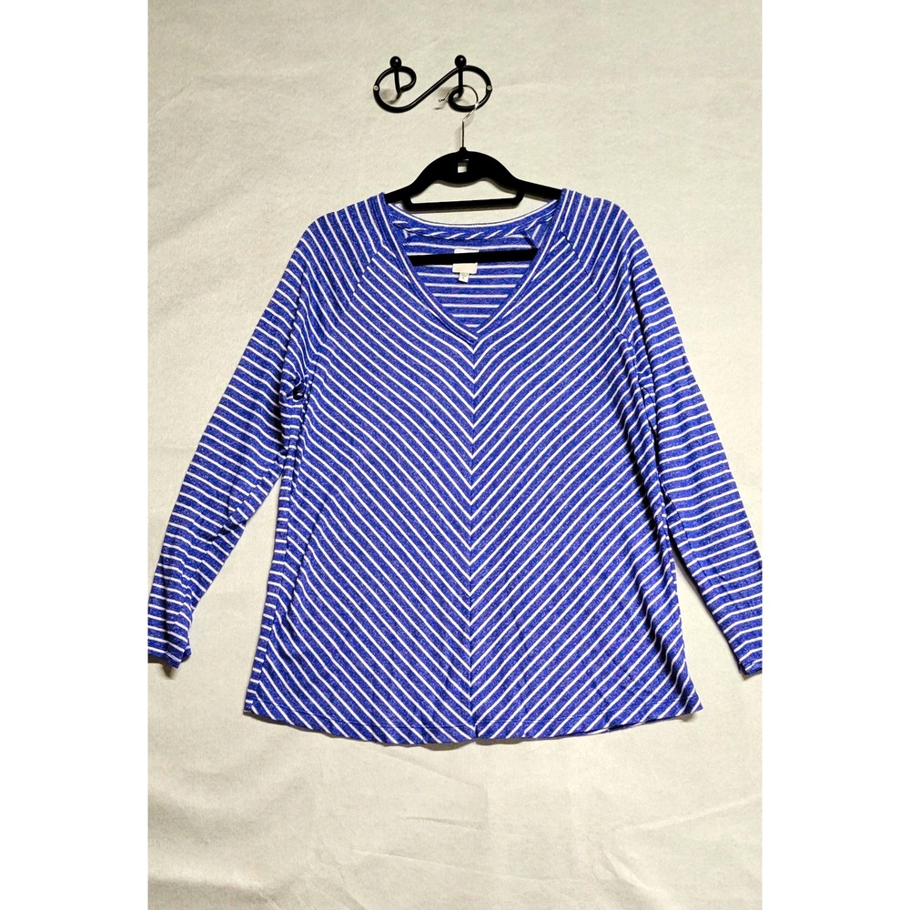 NIC+ZOE Blue White Striped V-Neck Raglan LS Stretch Knit Top Size L